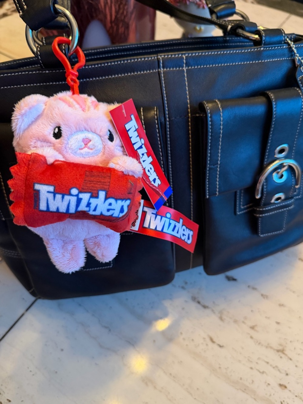 NWT Pink Cat Plush Bag Clip with Red Twizzler Candy Prop